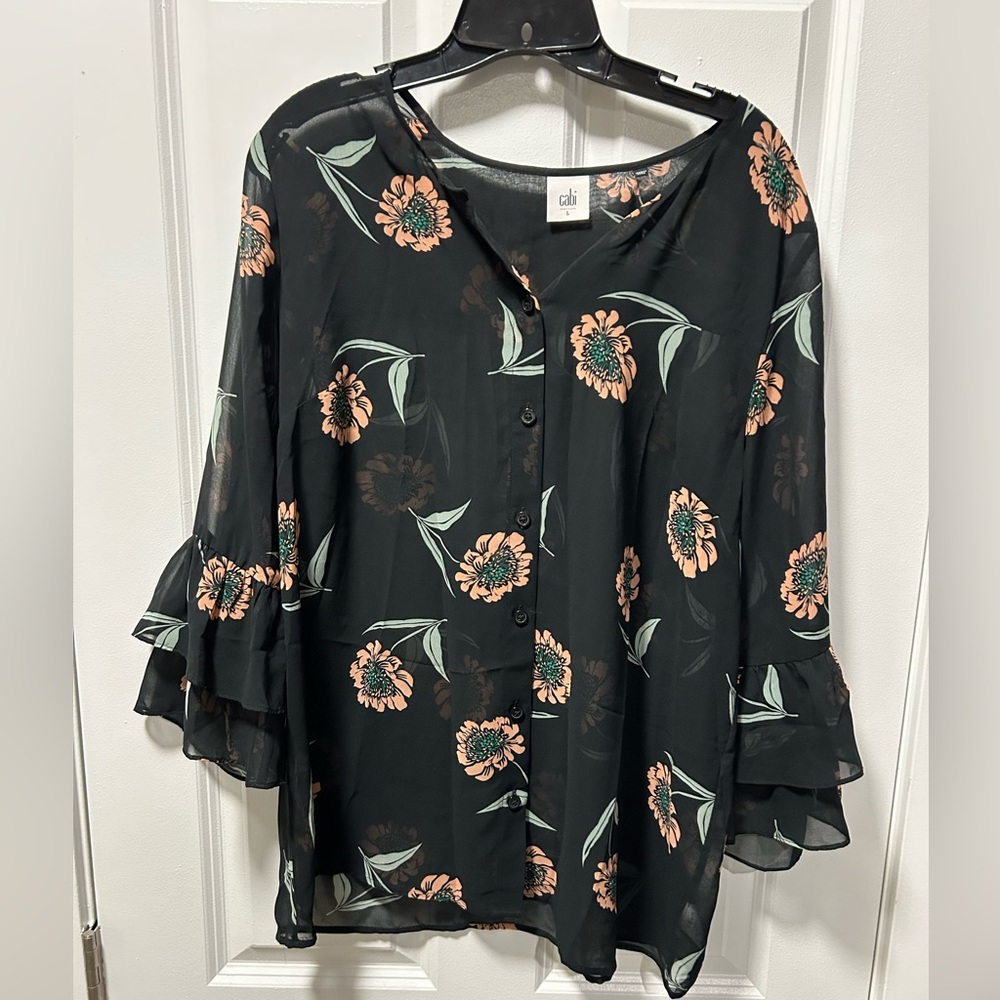 CAbi Black Floral Button Front Blouse with Peach Flowers